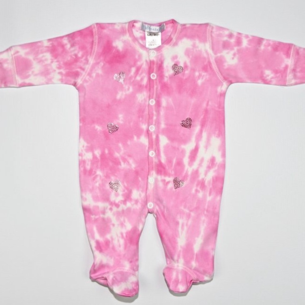 Tye dye pink footsie with embroidered pink hearts